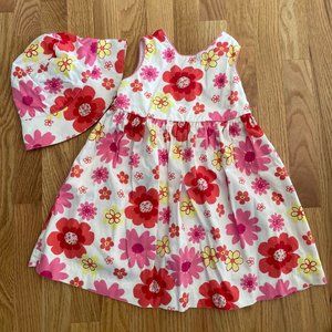 KRU Girls Pink Flower Sleeveless Cotton Summer Dress with Bucket Hat Size 4T